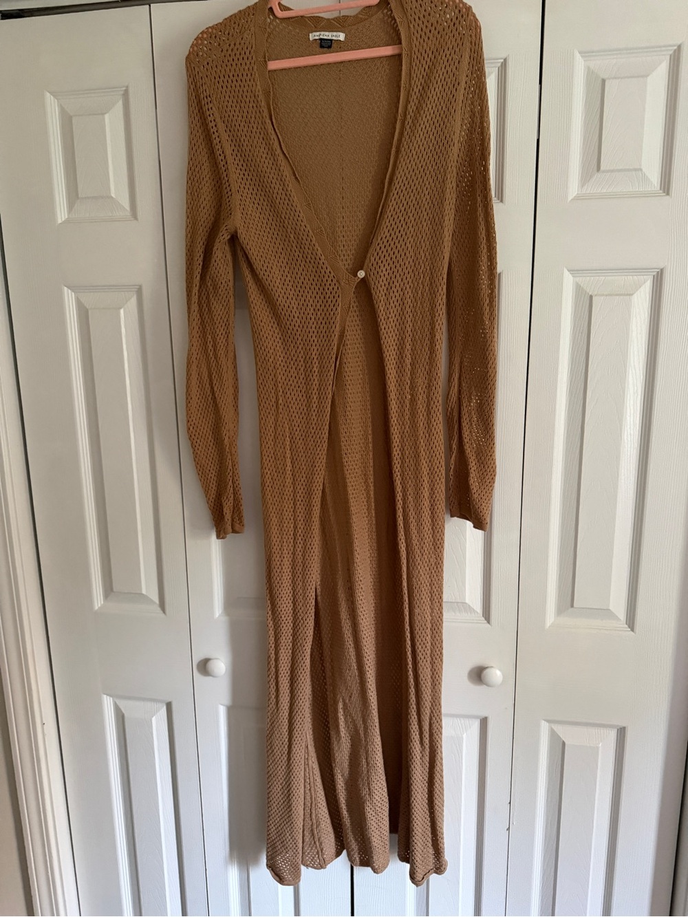 American Eagle Outfitters Long Open-Knit Maxi Cardigan in Camel